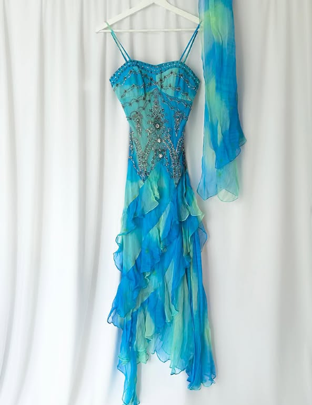 Retro Gradient Blue Suspender Chiffon Ruffle Beaded Prom Dress Evening Gown TP2616