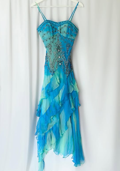 Retro Gradient Blue Suspender Chiffon Ruffle Beaded Prom Dress Evening Gown TP2616