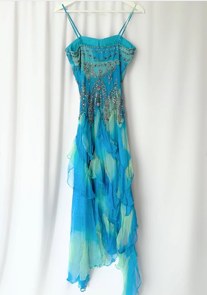 Retro Gradient Blue Suspender Chiffon Ruffle Beaded Prom Dress Evening Gown TP2616