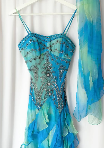 Retro Gradient Blue Suspender Chiffon Ruffle Beaded Prom Dress Evening Gown TP2616