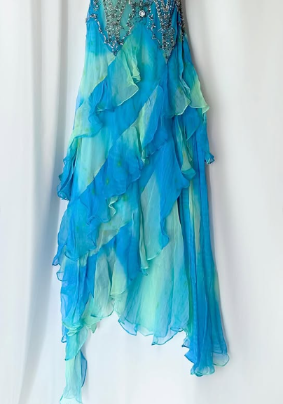 Retro Gradient Blue Suspender Chiffon Ruffle Beaded Prom Dress Evening Gown TP2616