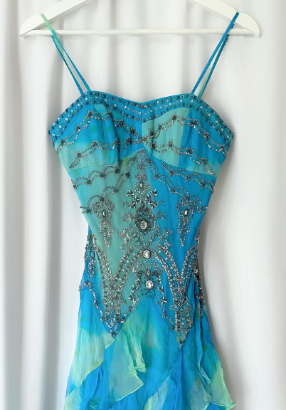 Retro Gradient Blue Suspender Chiffon Ruffle Beaded Prom Dress Evening Gown TP2616