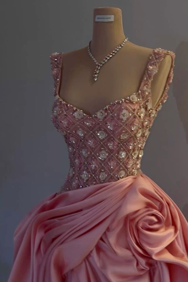 Sweet Pink Strap Beaded Satin A-Line Formal Prom Dress Evening Gown TP2626