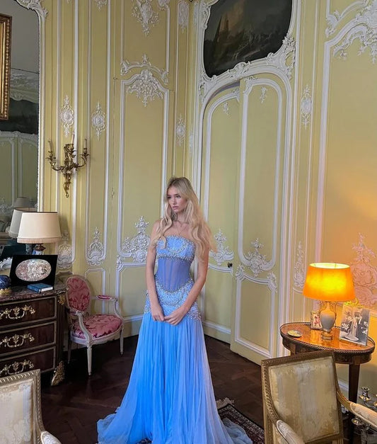 Elegant A-Line Strapless Beaded Chiffon Long Prom Dress Evening Gown TP2627