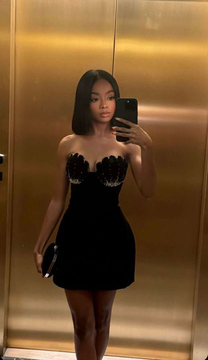Elegant Black Velvet Strapless Mini Prom Dress Evening Dress TP2639