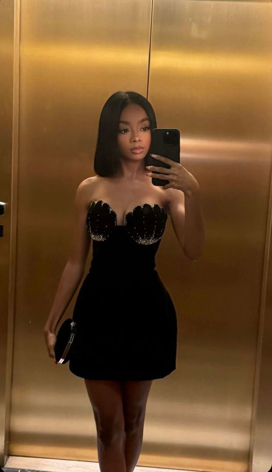Elegant Black Velvet Strapless Mini Prom Dress Evening Dress TP2639