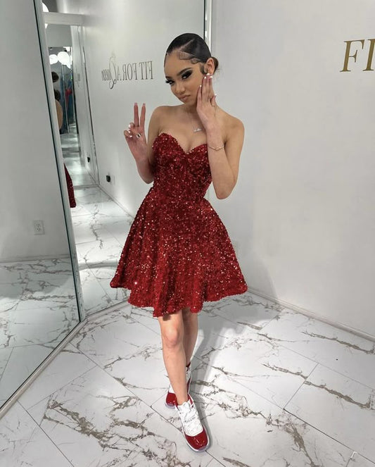 Burgundy A-Line Strapless Sweetheart Neck Sequined Mini Party Dress Homecoming Dress TP2640
