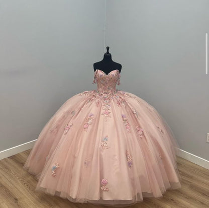Sweet Pink Princess Dress A-line Off-shoulder Tulle Formal Prom Dress TP2643