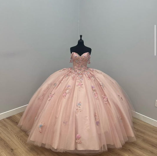 Sweet Pink Princess Dress A-line Off-shoulder Tulle Formal Prom Dress TP2643