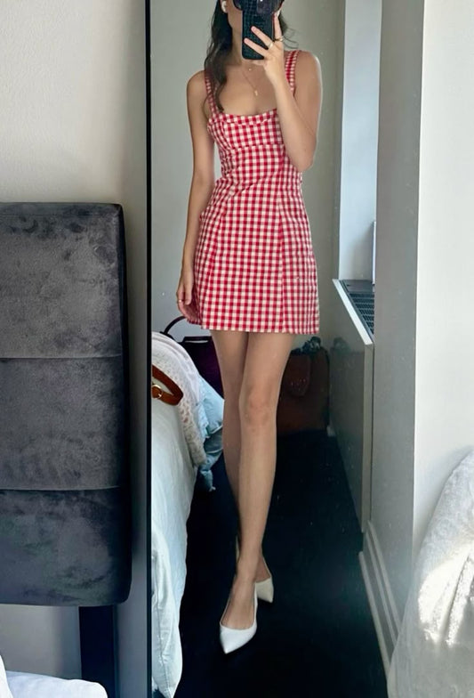 Cute Red Strap Plaid A-Line Mini Party Dress Homecoming Dress TP2645