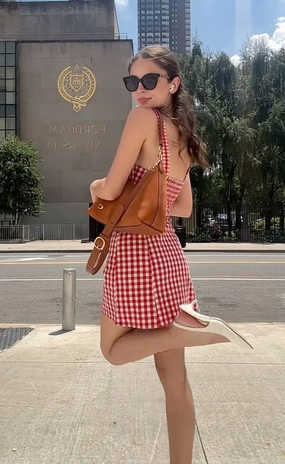 Cute Red Strap Plaid A-Line Mini Party Dress Homecoming Dress TP2645