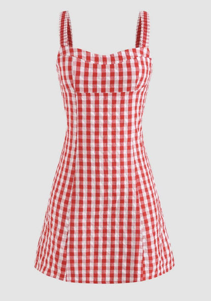 Cute Red Strap Plaid A-Line Mini Party Dress Homecoming Dress TP2645