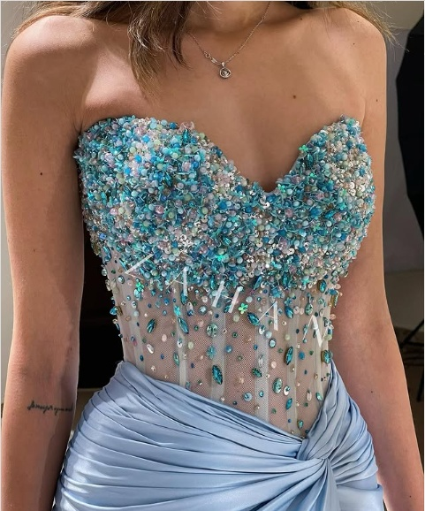 Gorgeous Blue Strapless Sweetheart Neck Beaded Slit Satin Formal Prom Dress Evening Gown TP2647
