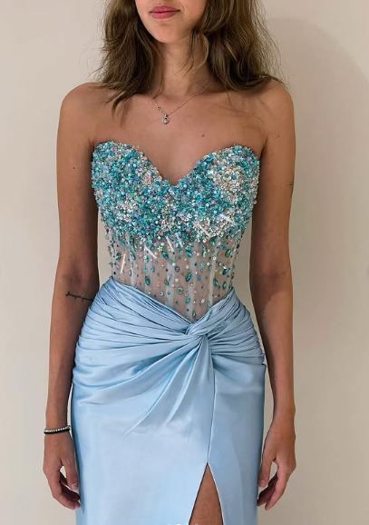 Gorgeous Blue Strapless Sweetheart Neck Beaded Slit Satin Formal Prom Dress Evening Gown TP2647