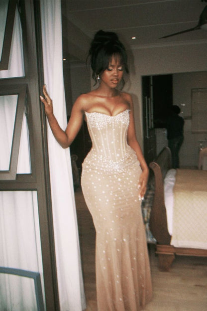 Vintage Ivory Shiny Mermaid Sleeveless Strapless Long Prom Dress Evening Dress TP2652