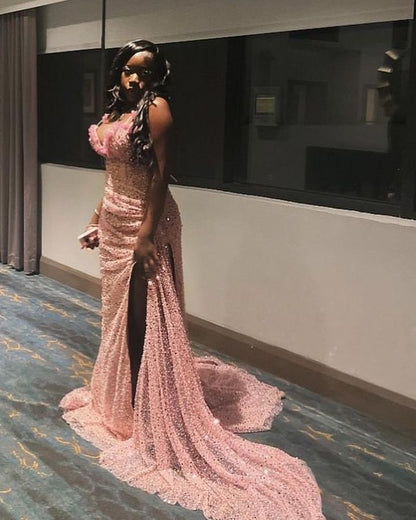 Sexy Pink Low Cut Shoulder Straps Shiny Slit Train Prom Dress Evening Dress TP2653