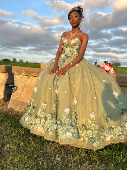 Cute Green Sleeveless 3D Flower A-Line Prom Dress Princess Dress TP2656