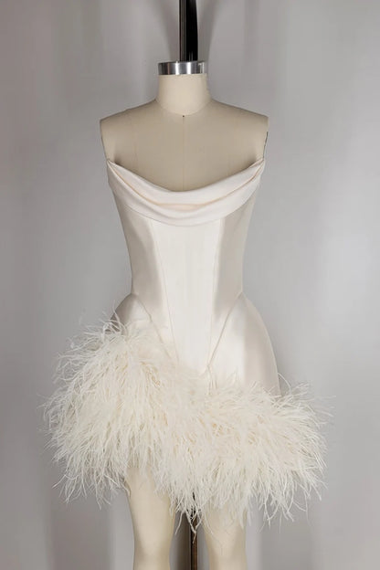 Elegant White Satin Off Shoulder Feather A-Line Mini Party Dress Homecoming Dress TP2657