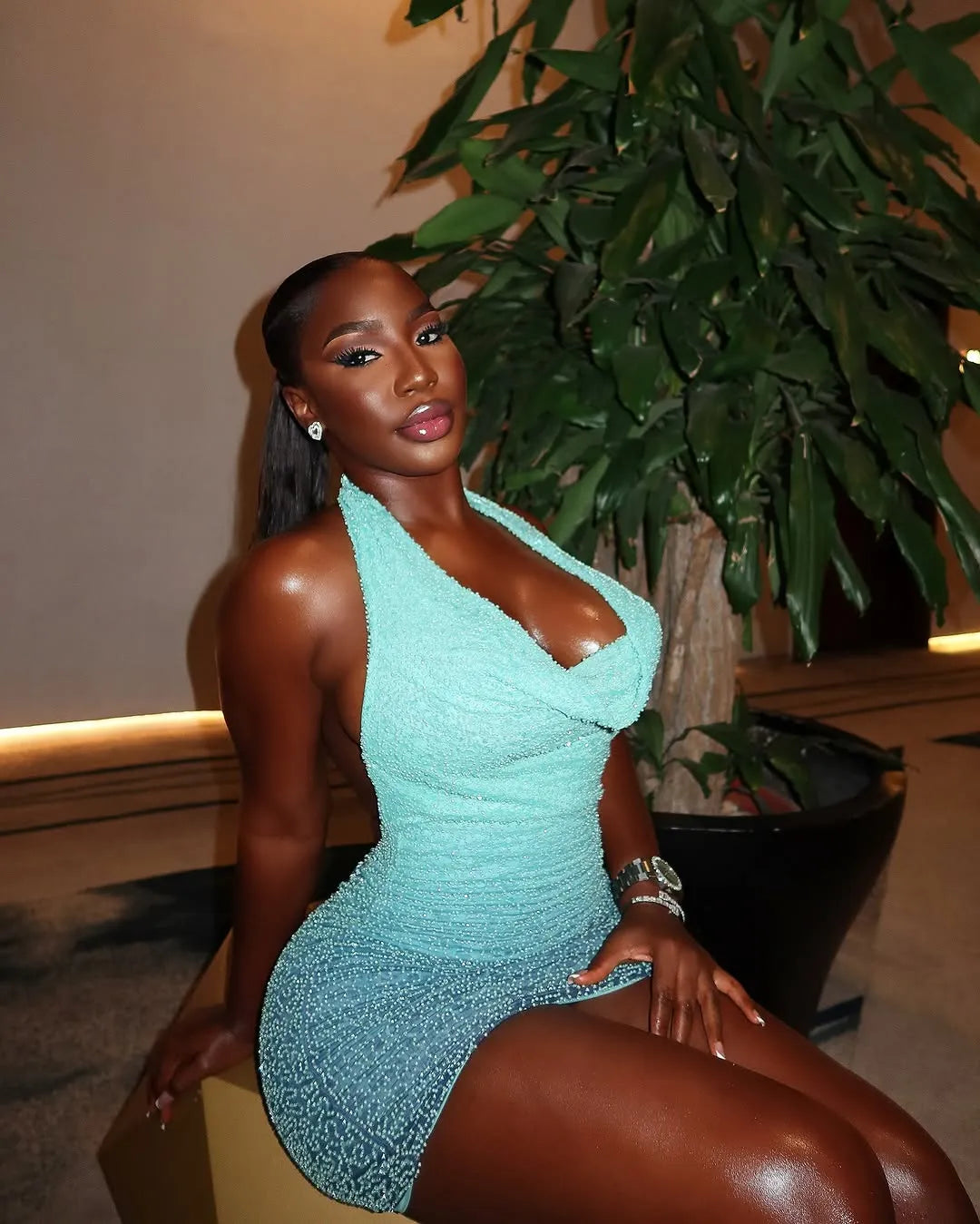Sexy Gradient Blue Halter Neck Off Shoulder Bodycon Mini Prom Dress Party Dress TP2662