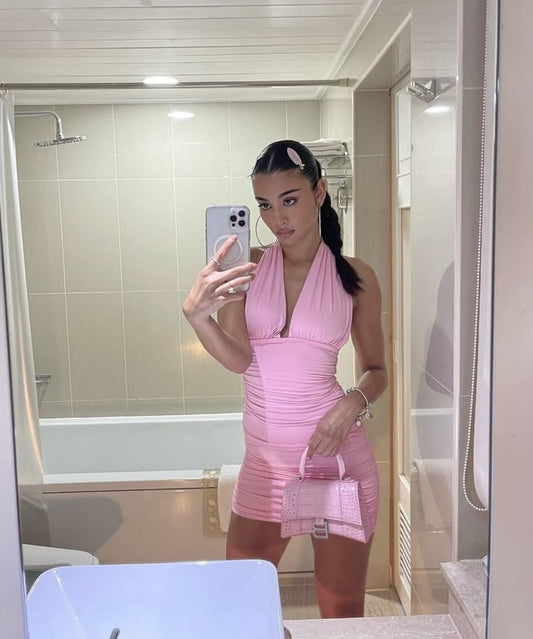 Pink Halter Plunge Neck Off Shoulder Bodycon Mini Party Dress Homecoming Dress TP2663