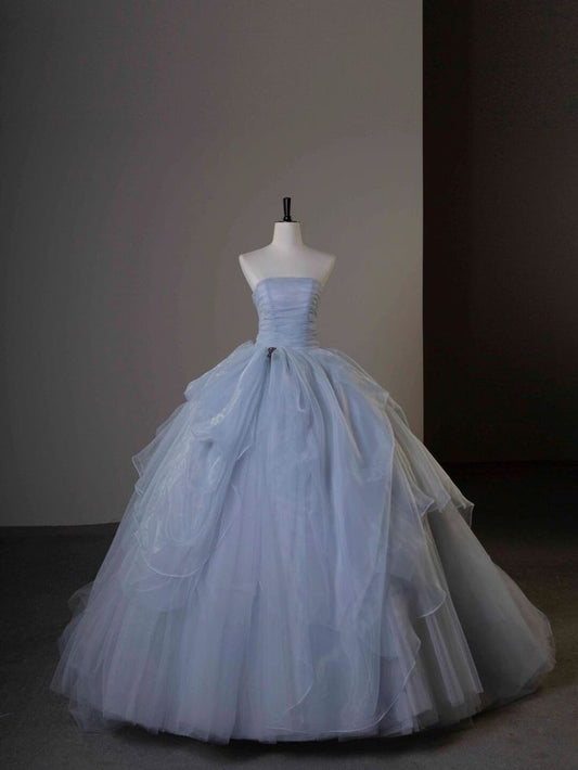 Elegant A-Line Strapless Tulle Long Formal Prom Dress Evening Gown TP2664