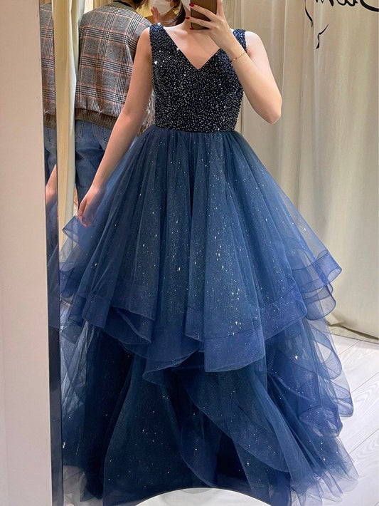 Elegant Navy A-Line Sleeveless Shiny Tulle Long Prom Dress Evening Gown TP2668