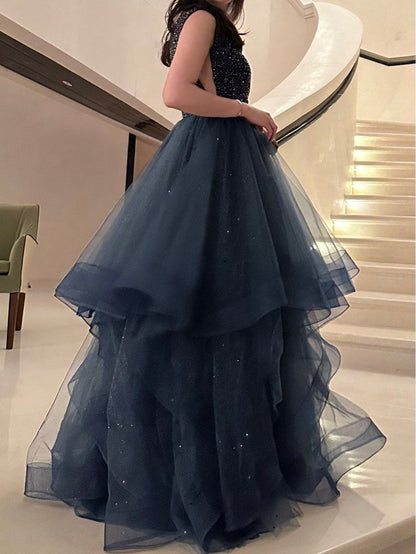Elegant Navy A-Line Sleeveless Shiny Tulle Long Prom Dress Evening Gown TP2668