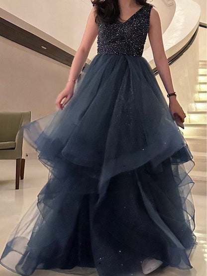 Elegant Navy A-Line Sleeveless Shiny Tulle Long Prom Dress Evening Gown TP2668