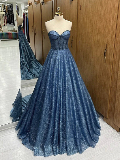 Elegant Navy A-Line Strapless Sweetheart Neck Long Formal Prom Dress Evening Gown TP2669
