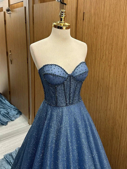 Elegant Navy A-Line Strapless Sweetheart Neck Long Formal Prom Dress Evening Gown TP2669