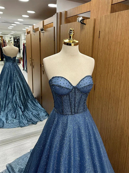 Elegant Navy A-Line Strapless Sweetheart Neck Long Formal Prom Dress Evening Gown TP2669