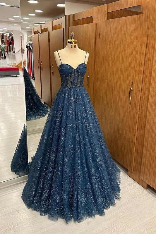 Elegant Navy A-Line Strap Sleeveless Shiny Long Formal Prom Dress Evening Gown TP2670