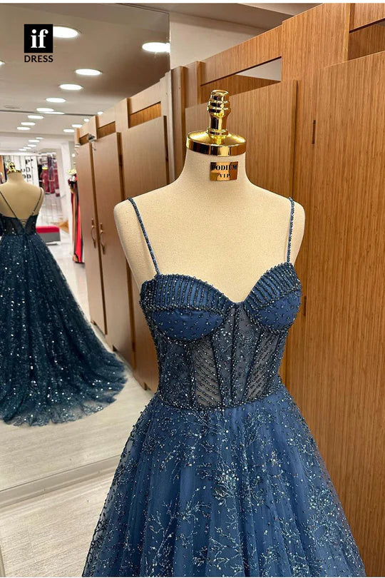 Elegant Navy A-Line Strap Sleeveless Shiny Long Formal Prom Dress Evening Gown TP2670
