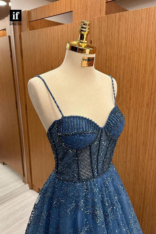 Elegant Navy A-Line Strap Sleeveless Shiny Long Formal Prom Dress Evening Gown TP2670