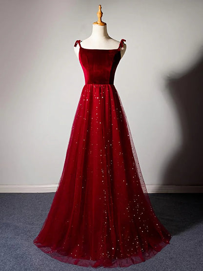 Elegant Burgundy Strapless Sleeveless A-Line Velvet Tulle Long Prom Dress Evening Dress TP2672