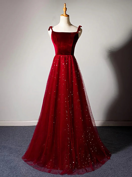 Elegant Burgundy Strapless Sleeveless A-Line Velvet Tulle Long Prom Dress Evening Dress TP2672