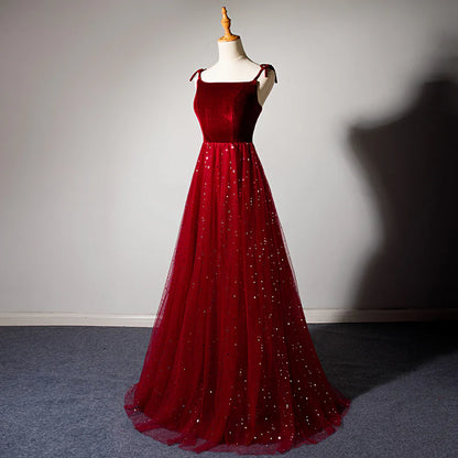 Elegant Burgundy Strapless Sleeveless A-Line Velvet Tulle Long Prom Dress Evening Dress TP2672