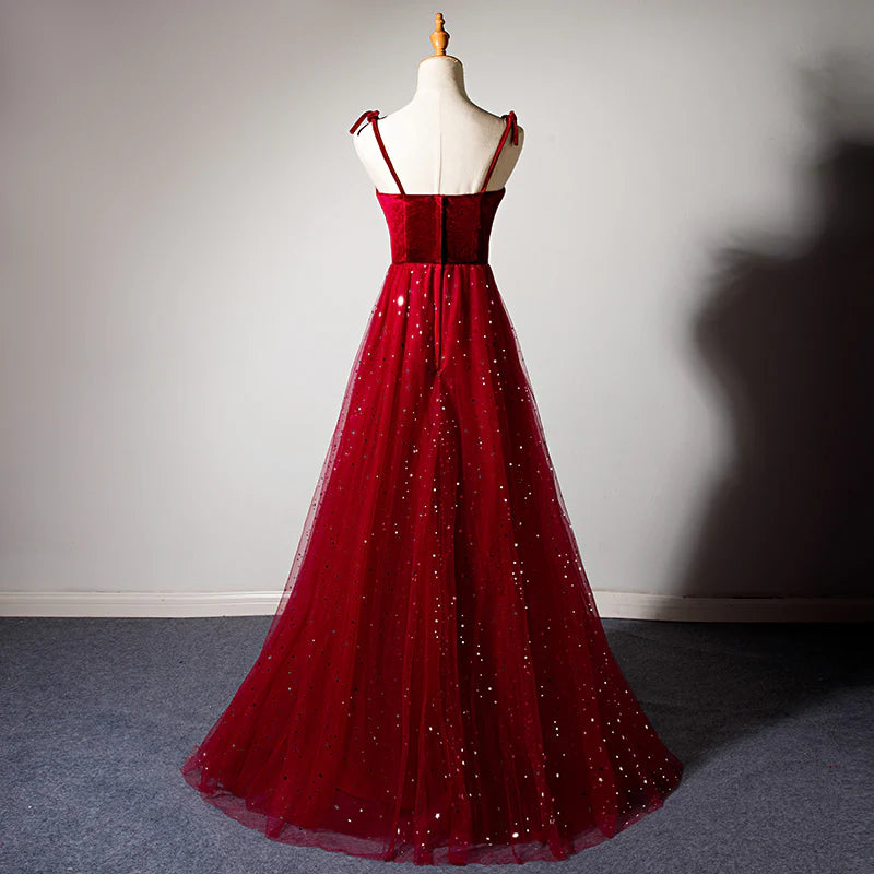Elegant Burgundy Strapless Sleeveless A-Line Velvet Tulle Long Prom Dress Evening Dress TP2672