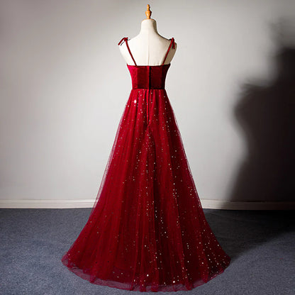 Elegant Burgundy Strapless Sleeveless A-Line Velvet Tulle Long Prom Dress Evening Dress TP2672