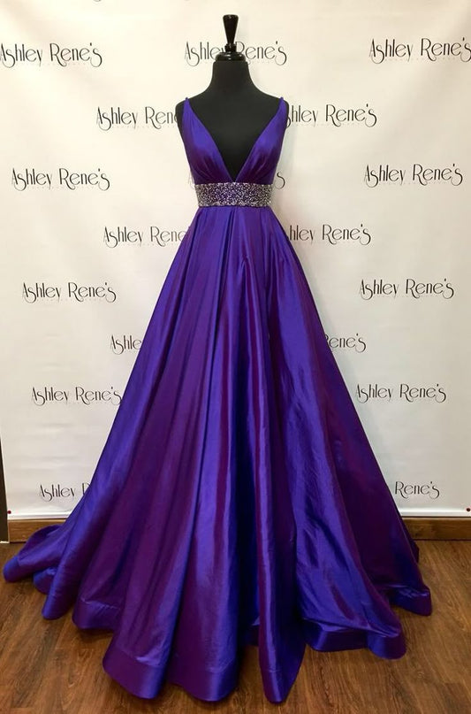 Elegant Purple Deep V Neck Straps Sleeveless A-Line Satin Slit Long Prom Dress Evening Dress TP2674