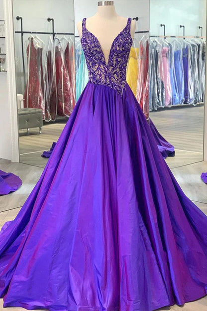 Retro Purple V Neck Sleeveless A-Line Prom Dress Evening Gown TP2675