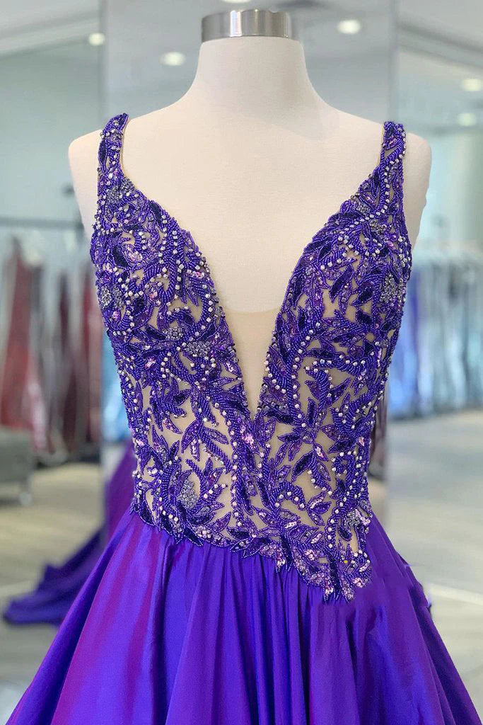 Retro Purple V Neck Sleeveless A-Line Prom Dress Evening Gown TP2675