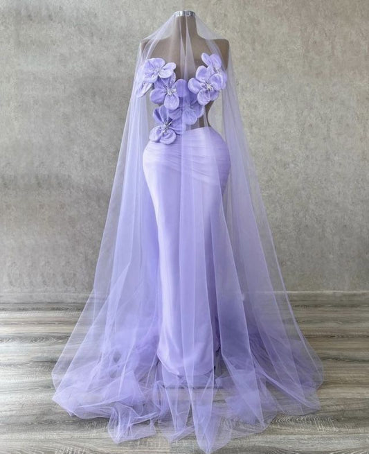 Fantasy Purple Beaded 3D Flower Hollow Mermaid Prom Dress Evening Gown TP2686