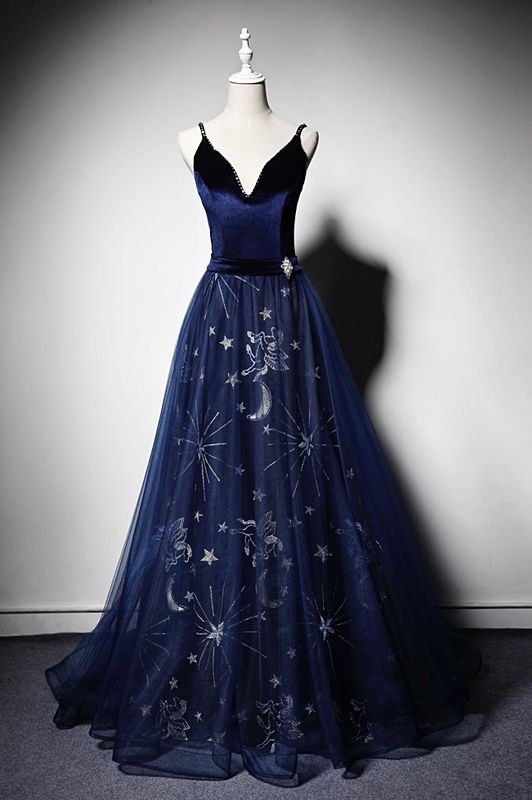 Elegant Navy Strap V Neck Velvet Tulle Formal Prom Dress Evening Gown TP2689
