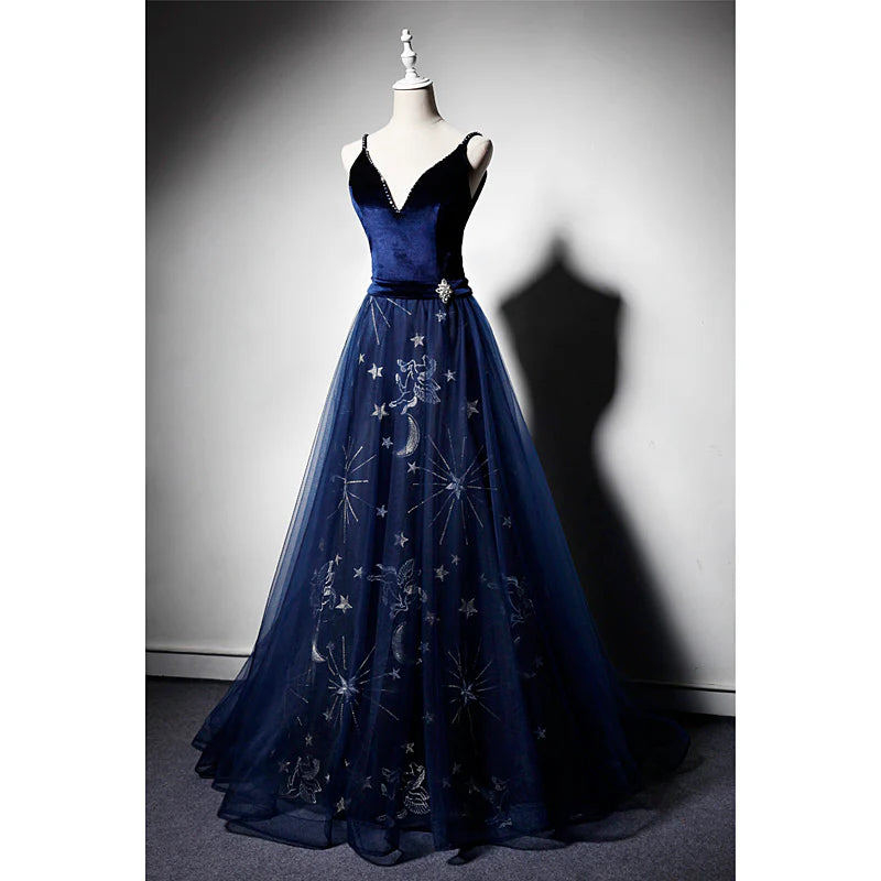 Elegant Navy Strap V Neck Velvet Tulle Formal Prom Dress Evening Gown TP2689