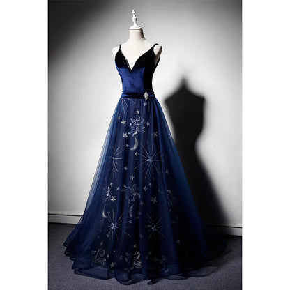 Elegant Navy Strap V Neck Velvet Tulle Formal Prom Dress Evening Gown TP2689