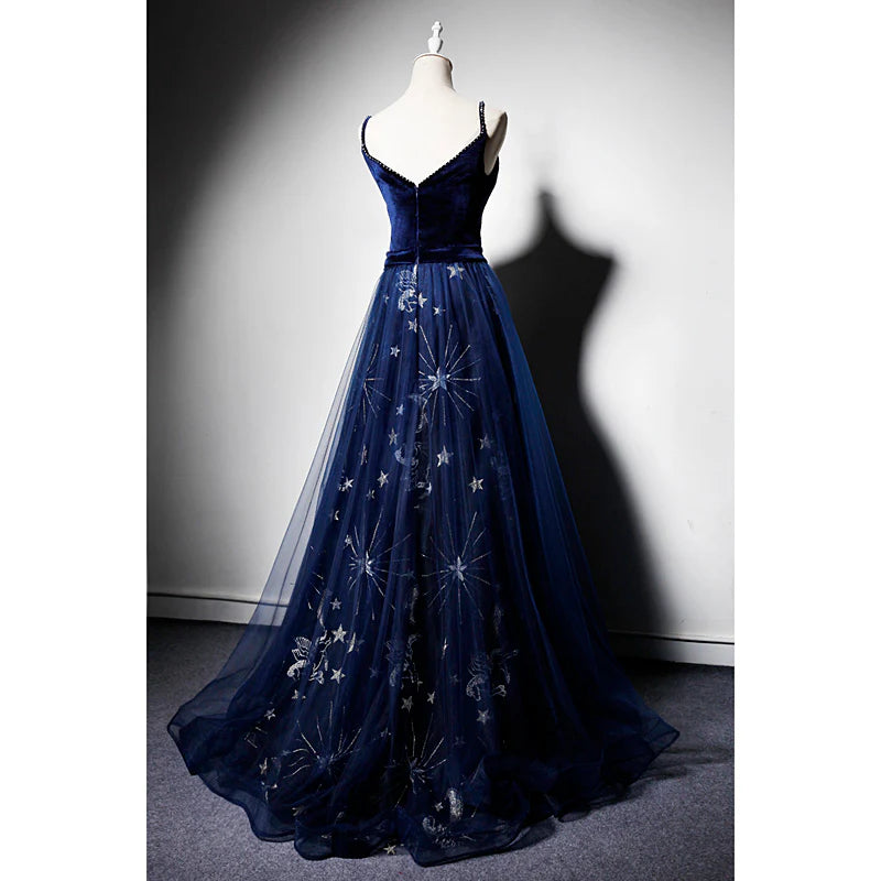 Elegant Navy Strap V Neck Velvet Tulle Formal Prom Dress Evening Gown TP2689