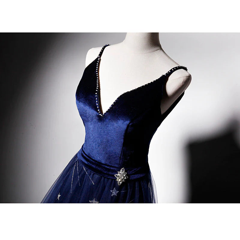 Elegant Navy Strap V Neck Velvet Tulle Formal Prom Dress Evening Gown TP2689