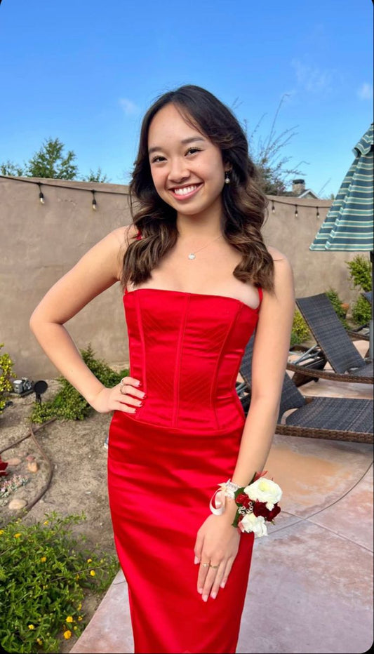 Beautiful Red Strapless Sleeveless Satin Mermaid Prom Dress Evening Dress TP2690