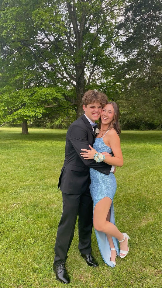 Sparkling Straps Blue Mermaid Prom Dress with Slits Bridesmaid Dress TP2694